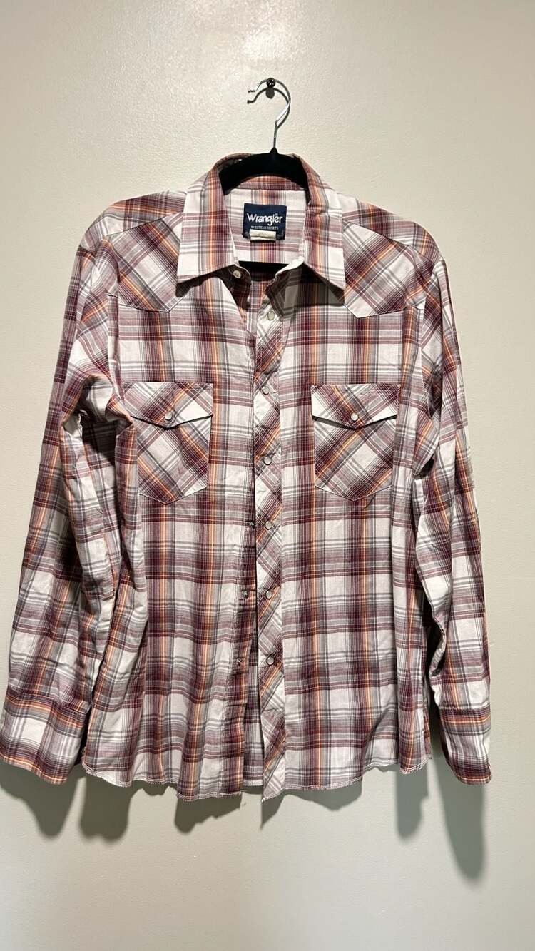 Vintage 1980s Levi's White Tab Western Plaid Red Blue Pearl Snap Dress Shirt - X